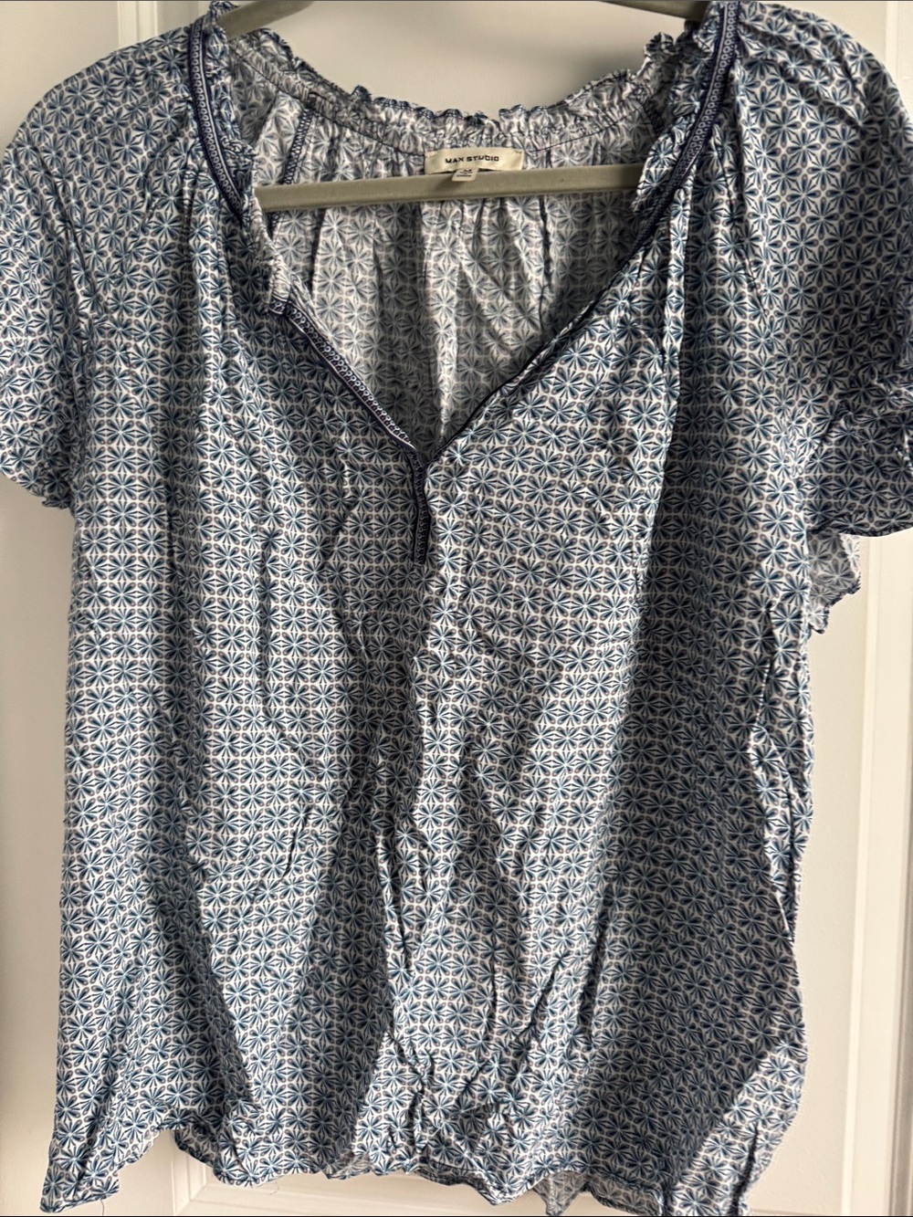 Max Studio Blue Geometric Smocked Blouse